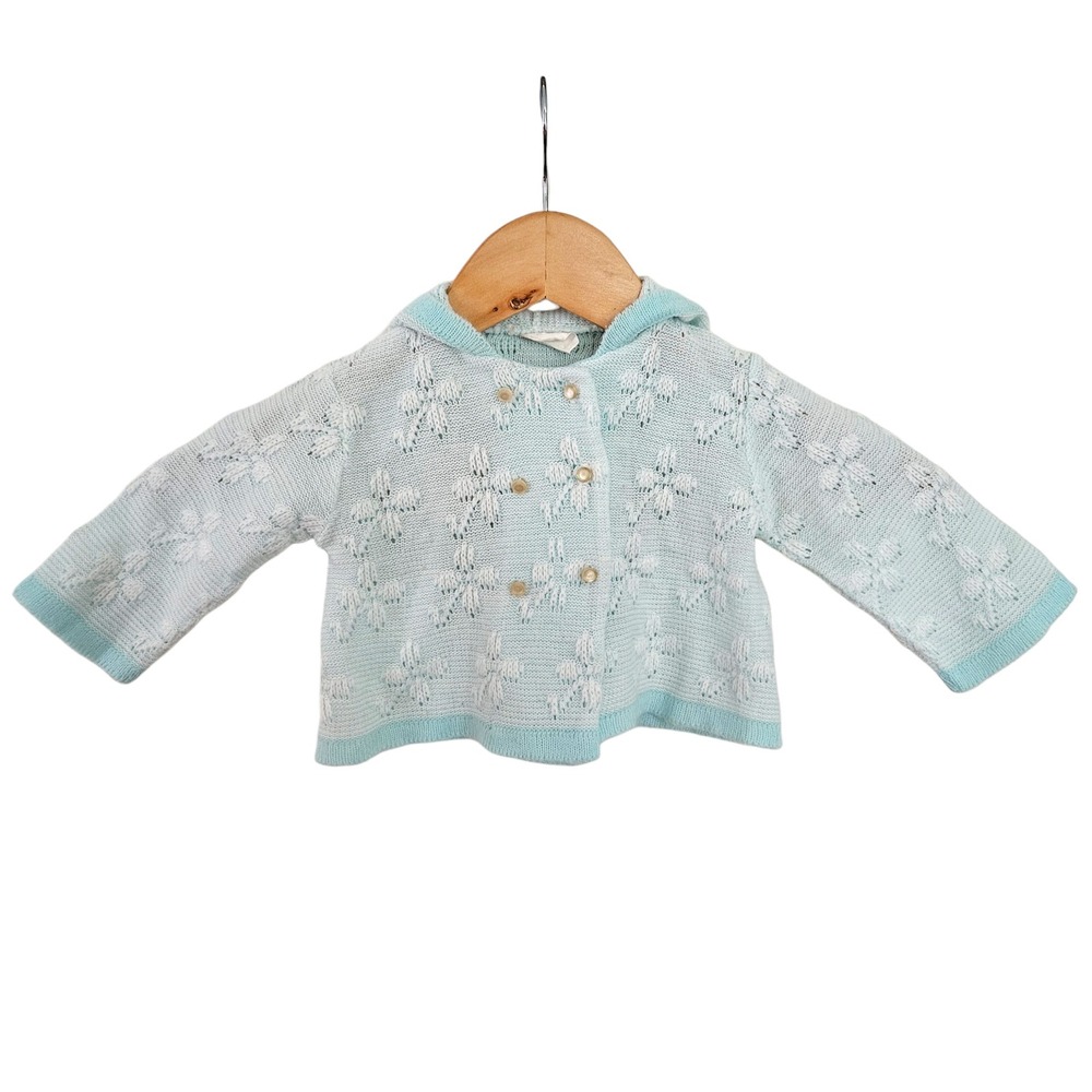 Vintage Blue Hooded Baby Sweater 3-6mo Pointelle Knit Double Breasted Cardigan